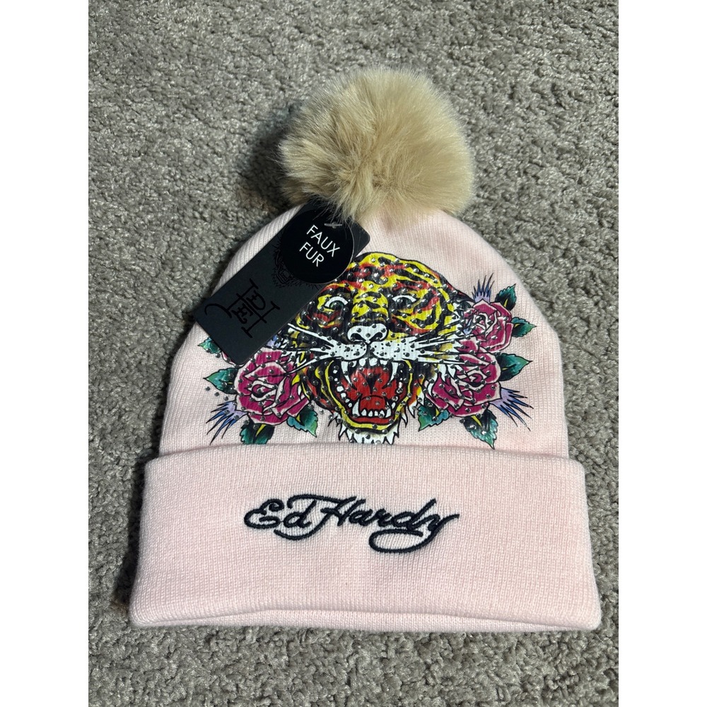 Ed Hardy Pink Tiger Rose Rhinestone Faux Fur Pom Beanie Hat